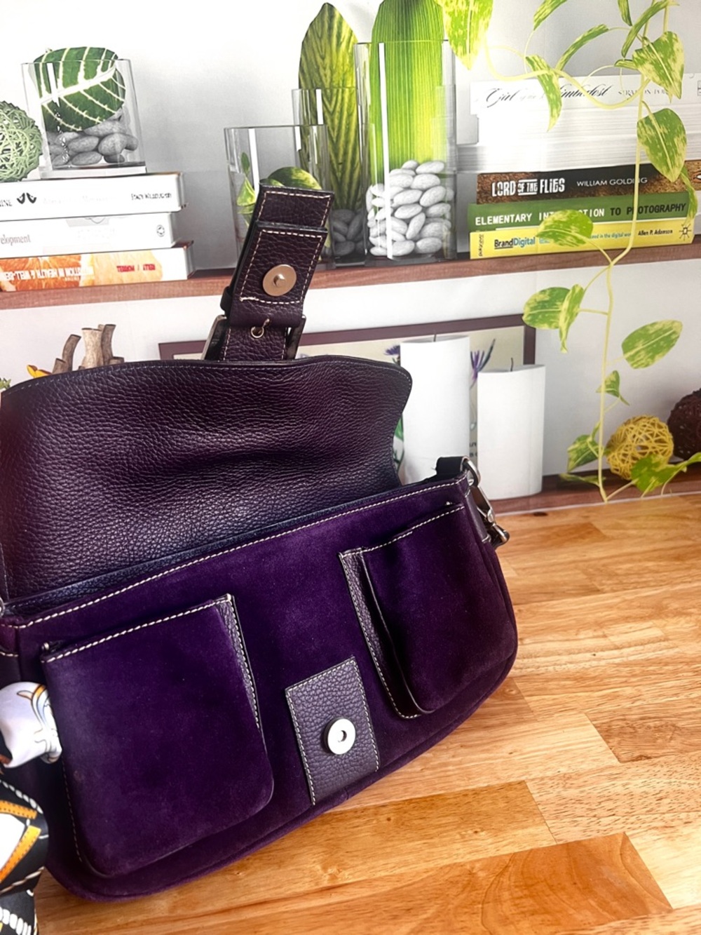 Vintage Purple Genuine Suede Leather Shoulder Bag Made In Italy - Picture 8 of 16